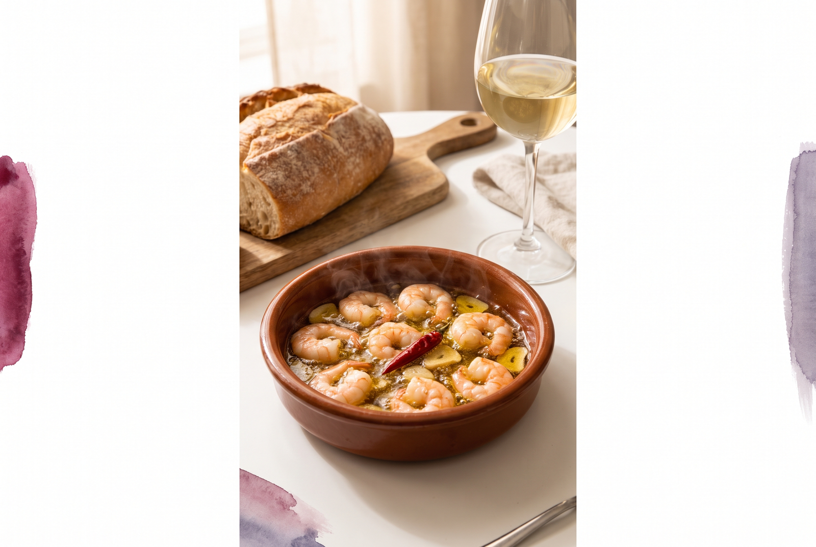 Gambas al ajillo con ajo dorado, guindilla y perejil en una cazuela de barro