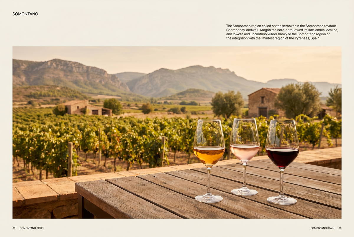 Viñedos de Somontano al pie de los Pirineos con copas de vino blanco, rosado y tinto