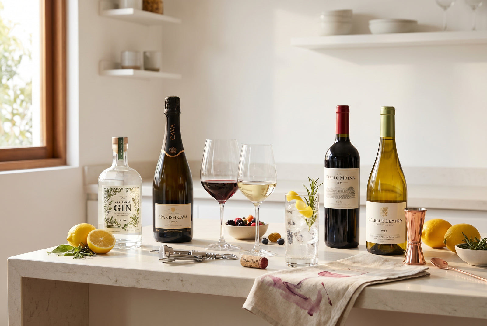 Bar en casa con gin, Cava, vino, copas y accesorios sobre una mesa luminosa