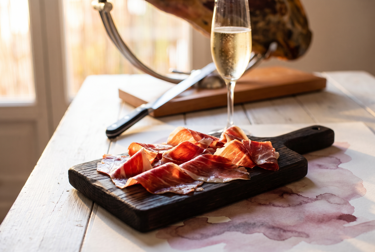 Tabla de jamón serrano e ibérico cortado fino con pan con tomate y copas de vino