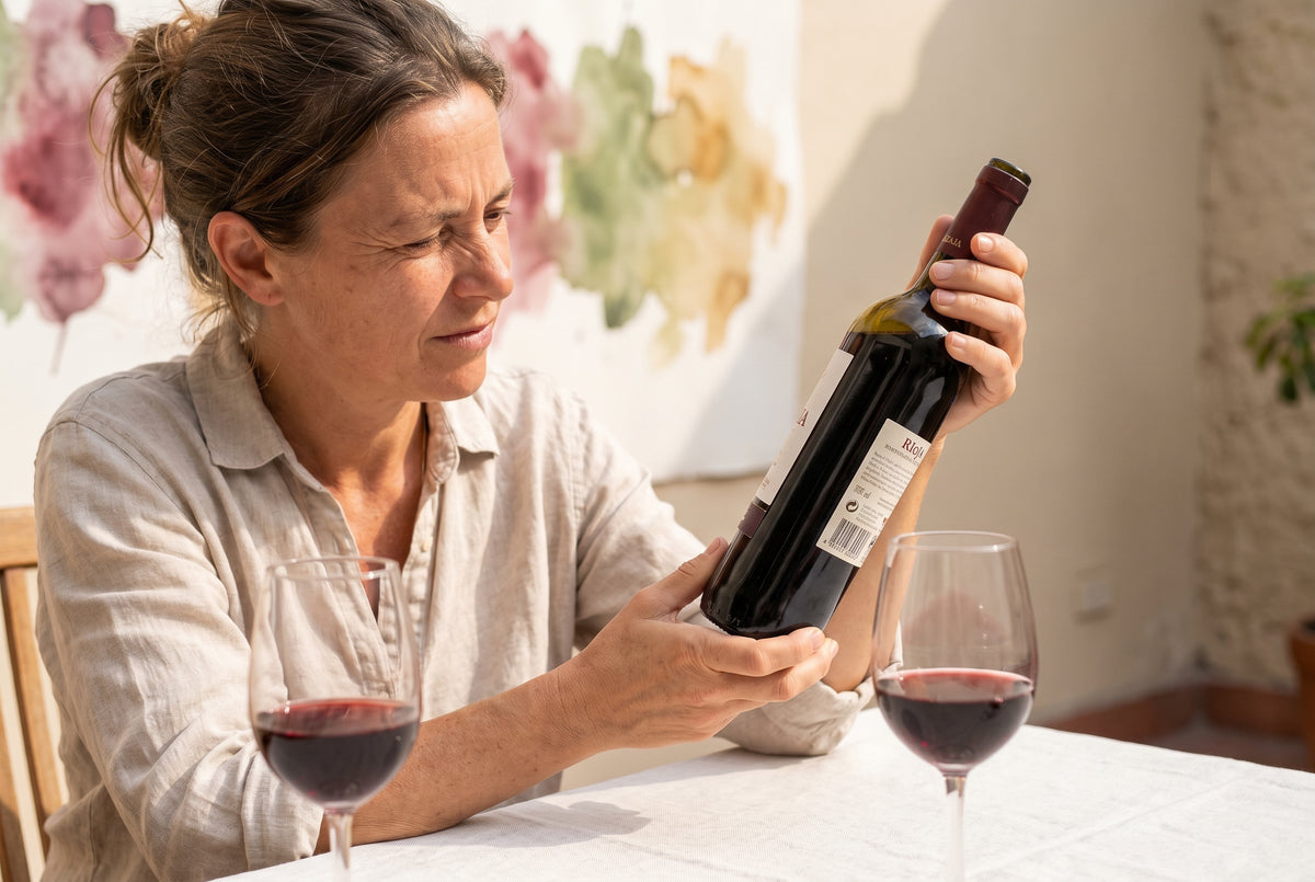 Persona de unos 40 años leyendo la graduación alcohólica en la etiqueta de una botella de vino tinto junto a dos copas en una mesa luminosa