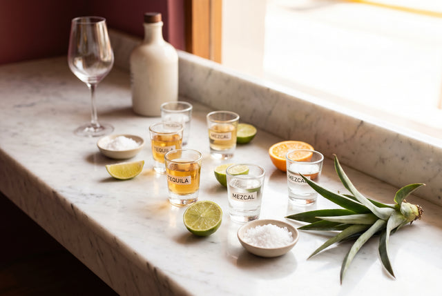 Copas de degustación con tequila y mezcal junto a cítricos, sal, agave y una copa de vino en una barra luminosa