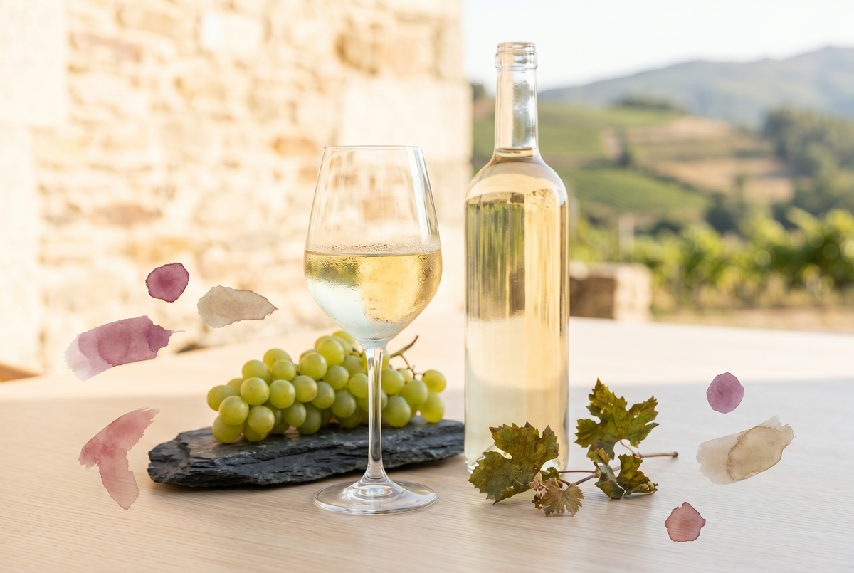 Copa de vino Godello gallego junto a uvas blancas y piedra de pizarra sobre una mesa luminosa