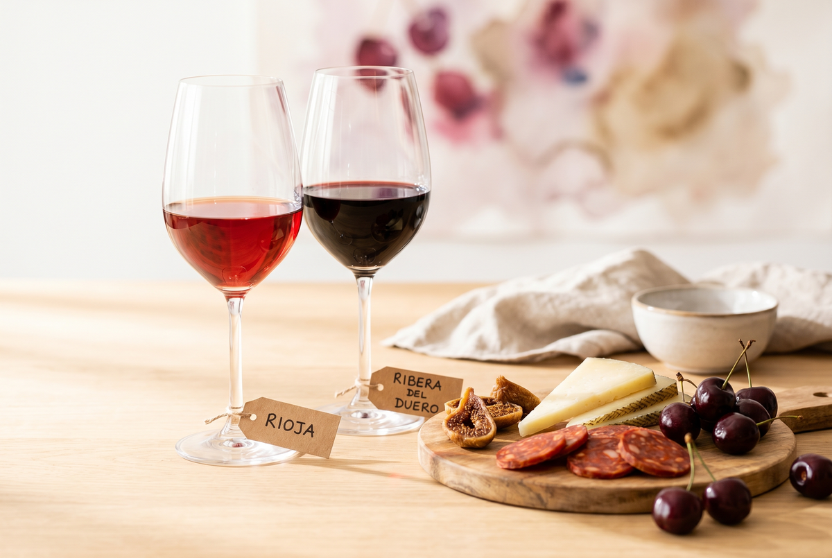 Dos copas de vino tinto español sobre una mesa luminosa, una de Rioja y otra de Ribera del Duero, junto a una tabla de quesos y embutidos