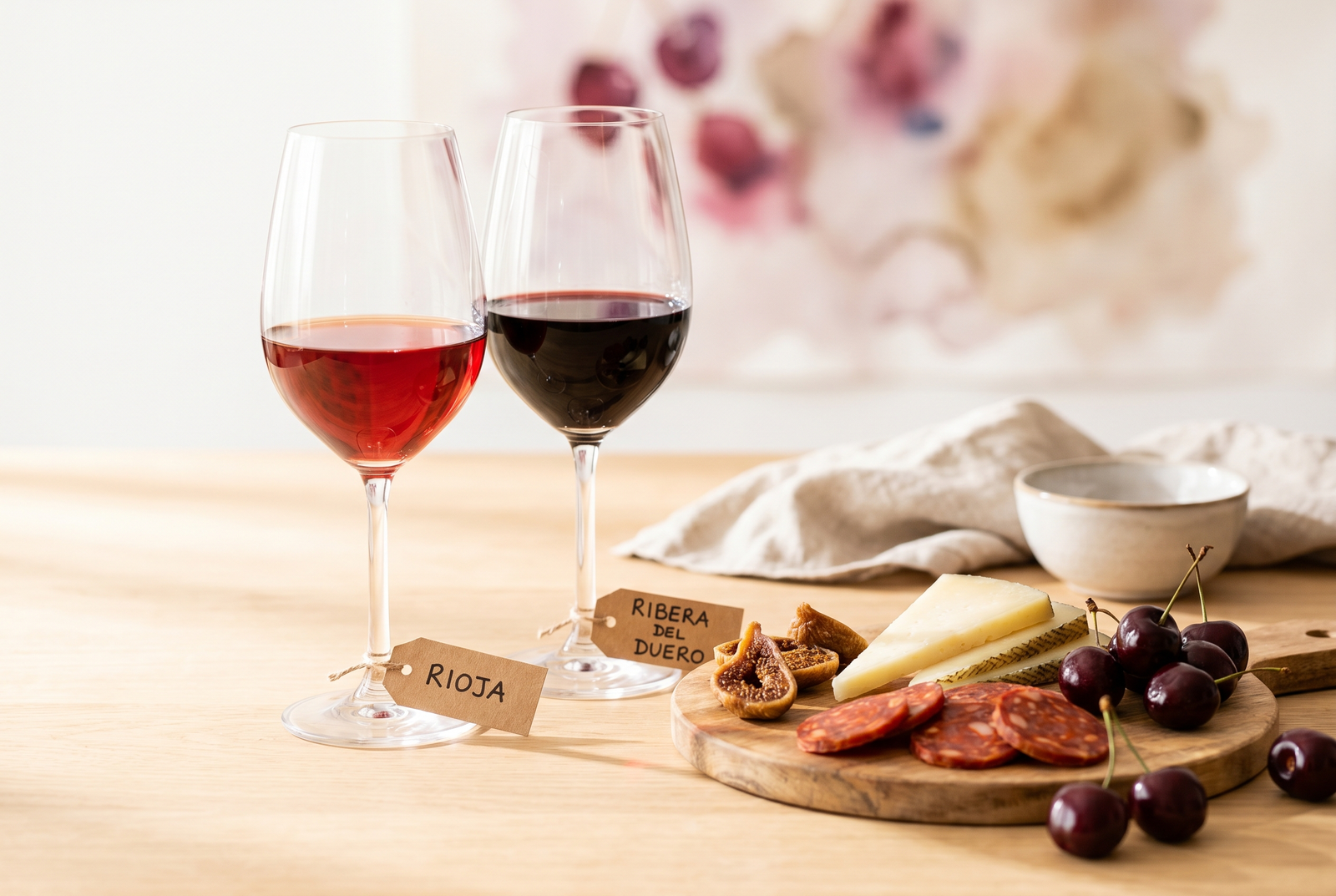 Dos copas de vino tinto español sobre una mesa luminosa, una de Rioja y otra de Ribera del Duero, junto a una tabla de quesos y embutidos