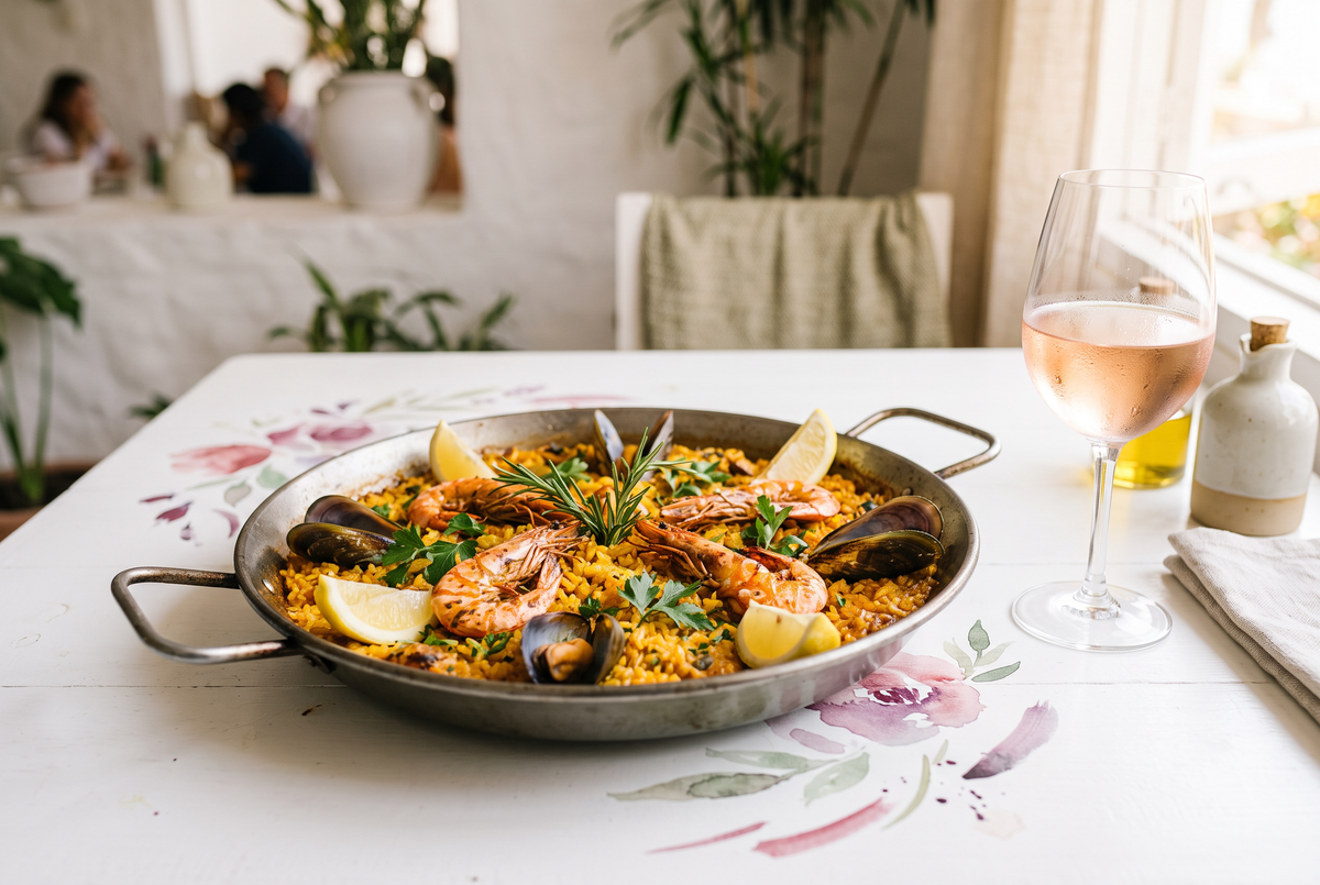Paella valenciana con pollo, conejo, vainitas, pallar y socarrat en una paellera