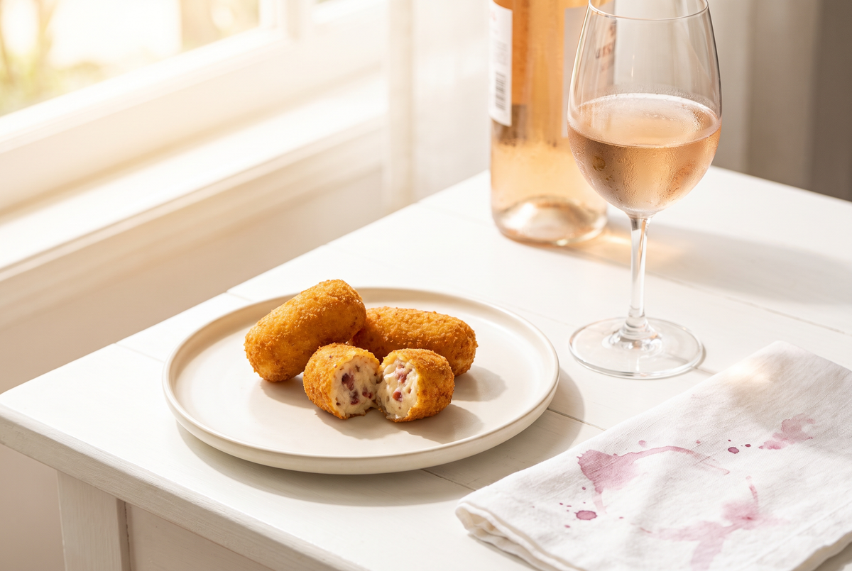 Croquetas de jamón doradas y crujientes con centro cremoso servidas como tapa