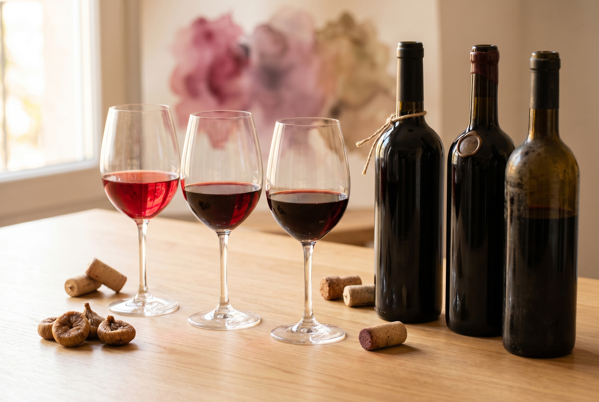 Tres copas de vino tinto español junto a botellas de crianza, reserva y gran reserva sobre una mesa luminosa