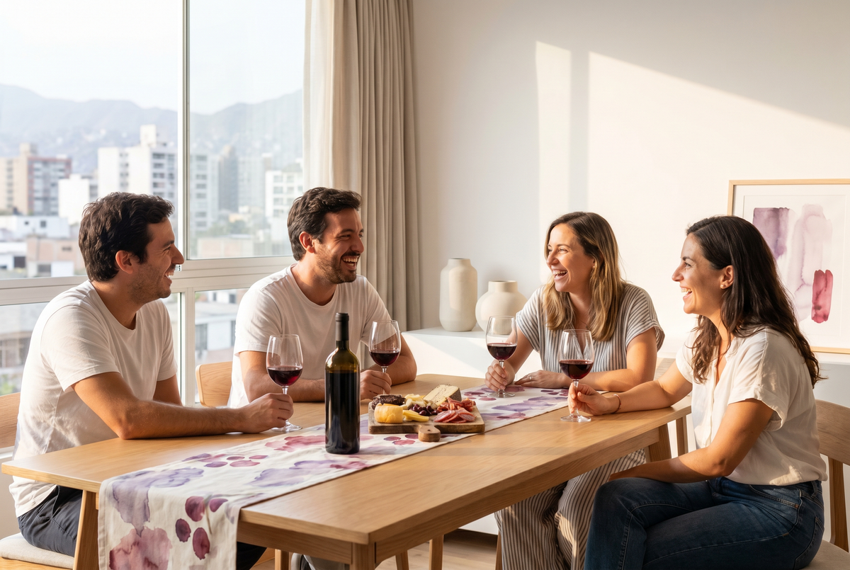 Mesa luminosa en Lima con tres copas de vino tinto español, una botella sin etiqueta y tabla de quesos, amigos brindando de fondo