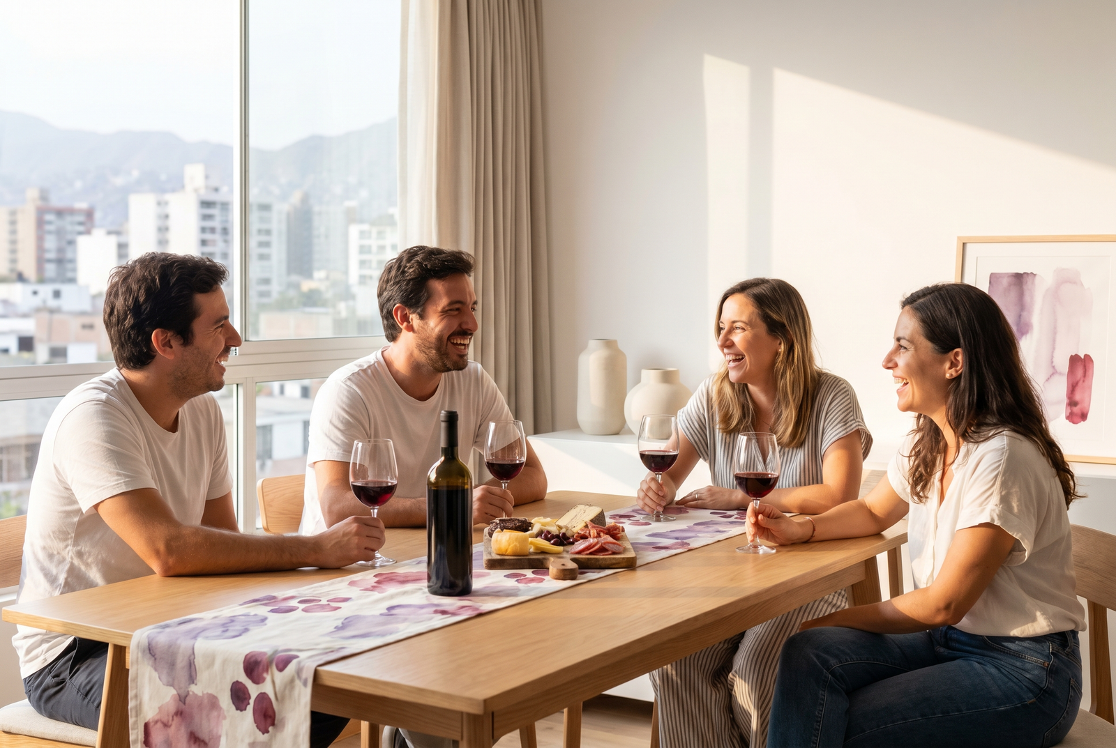 Mesa luminosa en Lima con tres copas de vino tinto español, una botella sin etiqueta y tabla de quesos, amigos brindando de fondo
