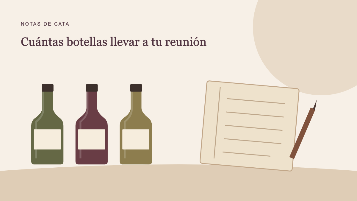 Ilustración de botellas, una libreta de compras y un lápiz. El dibujo no indica una cantidad recomendada de vino.