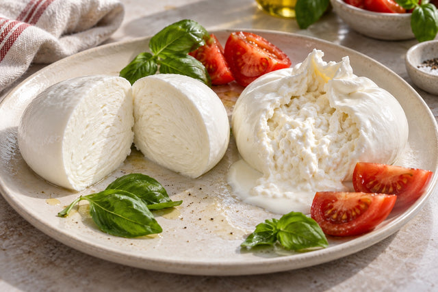 Mozzarella cortada junto a una burrata abierta con relleno cremoso.