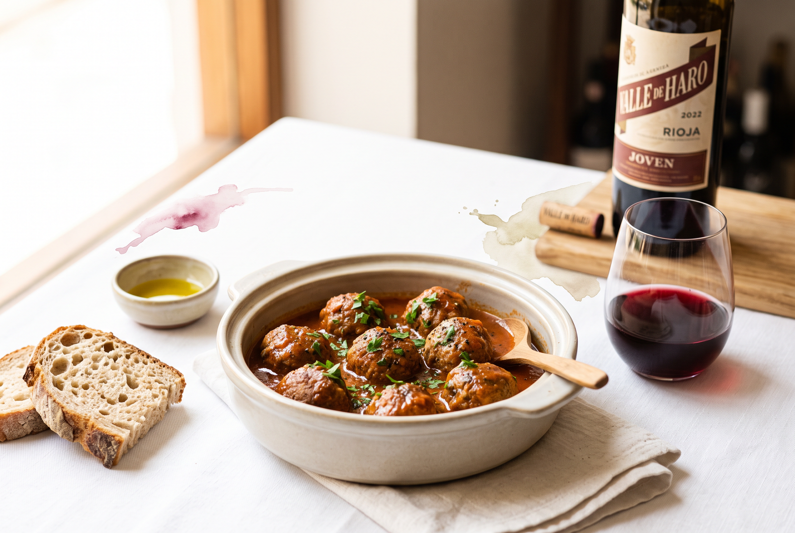 Albóndigas jugosas en salsa española de tomate y vino blanco servidas en una olla clara con pan al lado