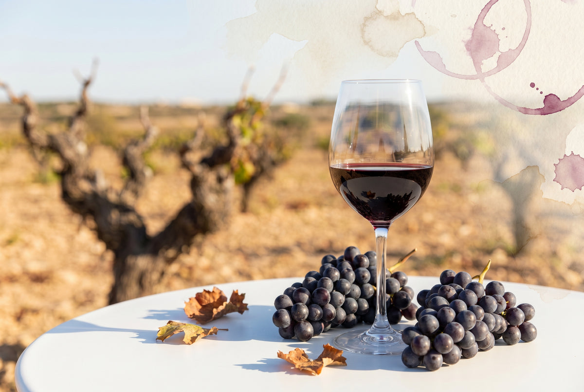 Copa de tinto Monastrell de Alicante sobre mesa luminosa junto a uvas oscuras y vinas viejas mediterraneas al fondo