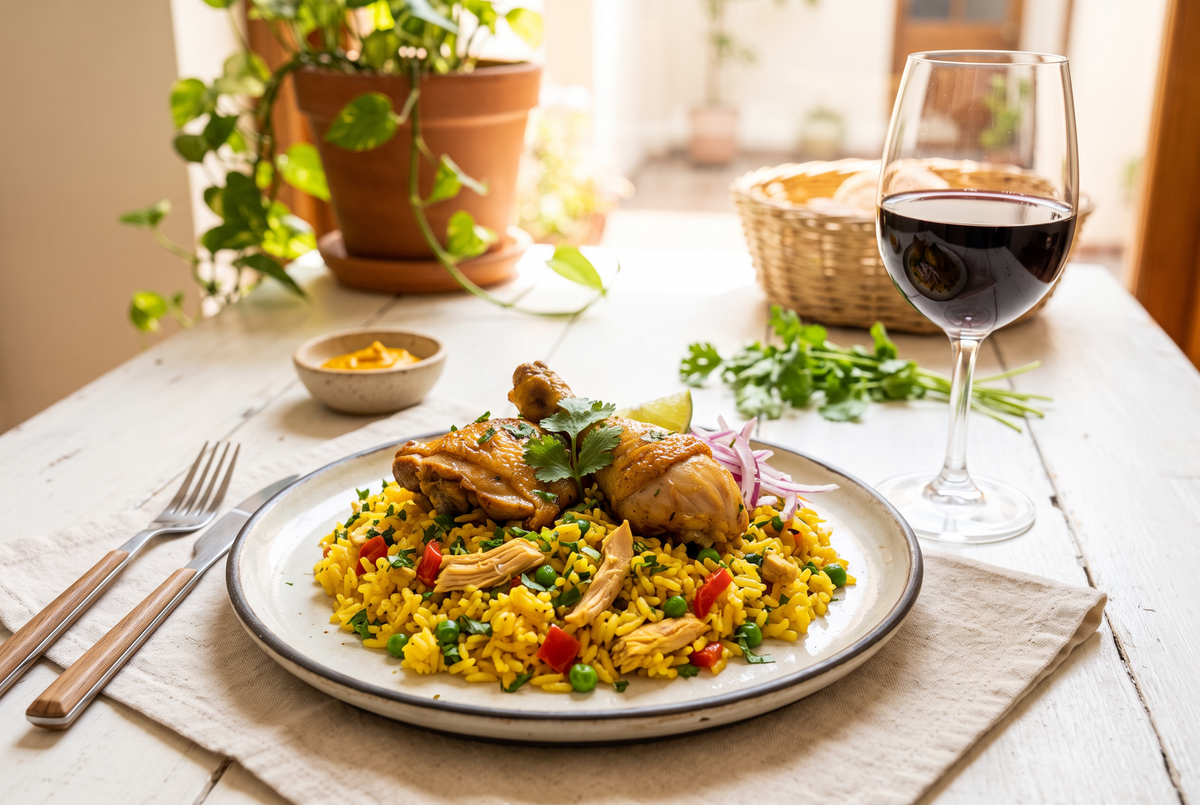 Arroz con pollo peruano verde con presas doradas, arvejas y pimiento servido en una fuente
