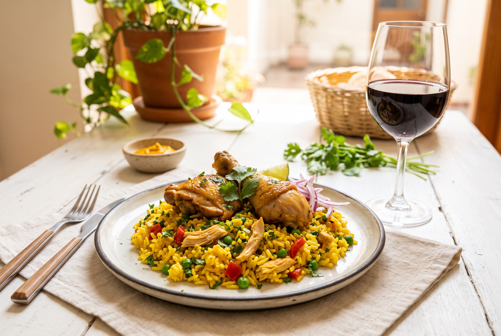 Arroz con pollo peruano verde con presas doradas, arvejas y pimiento servido en una fuente