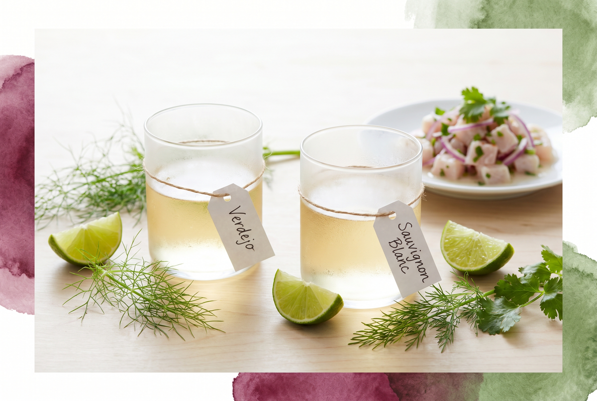 Dos copas de vino blanco fresco, una de Verdejo y otra de Sauvignon Blanc, sobre una mesa luminosa con lima, hierbas y un cebiche al lado