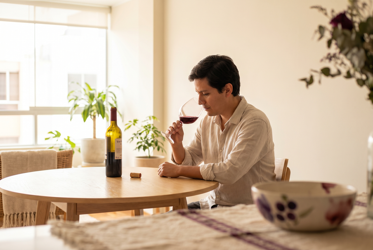 Persona acercando una copa de vino tinto a la nariz junto a una botella y un corcho, luz cálida y natural, evaluando aromas