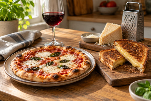 Pizza con mozzarella, sánguche de queso tostado y una cuña de parmesano junto a una copa de vino tinto.