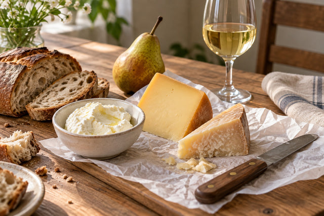 Porciones de tres quesos sobre papel alimentario, con pan, pera y una copa de vino blanco.