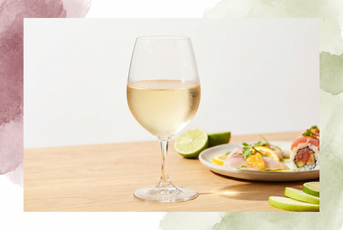 Copa de Riesling alemán seco bien frío junto a un tiradito y un roll de sushi picante sobre una mesa luminosa con rodajas de lima