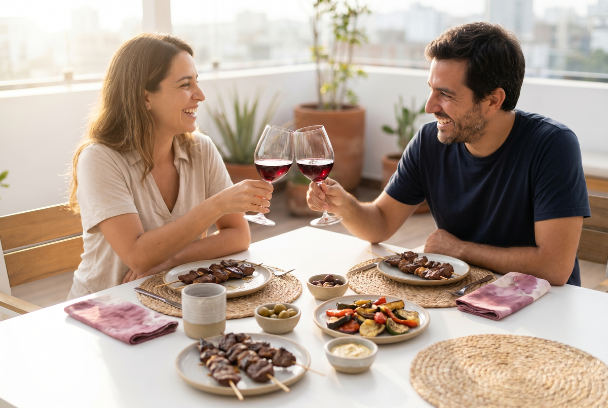 Copas de vino Garnacha con tapas mediterráneas y parrilla en una mesa luminosa