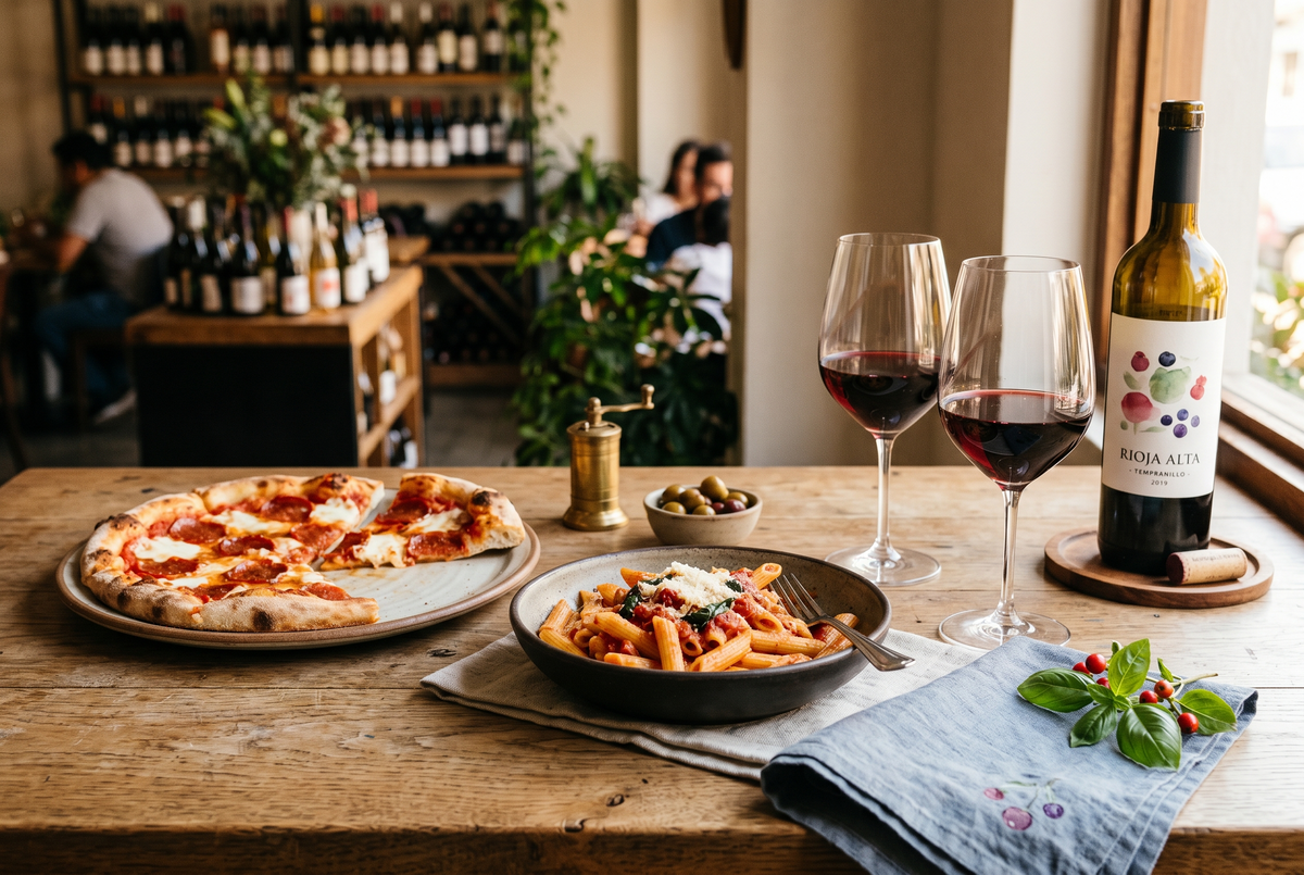 Mesa luminosa con pizza de pepperoni, pasta con salsa de tomate y copas de vino tinto servidas en una cena casual en Lima