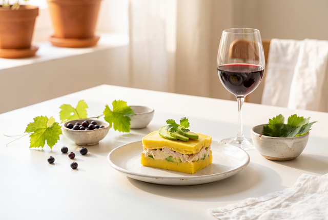 Causa limeña de pollo con capas de papa amarilla, palta y huevo duro