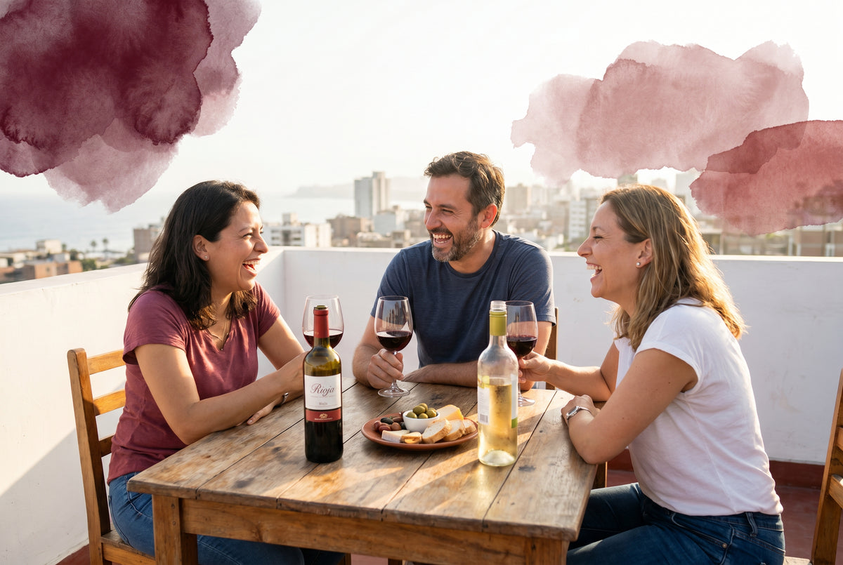 Amigos disfrutando copas de vino tinto español en una terraza luminosa, con botellas de Castilla-La Mancha sobre la mesa