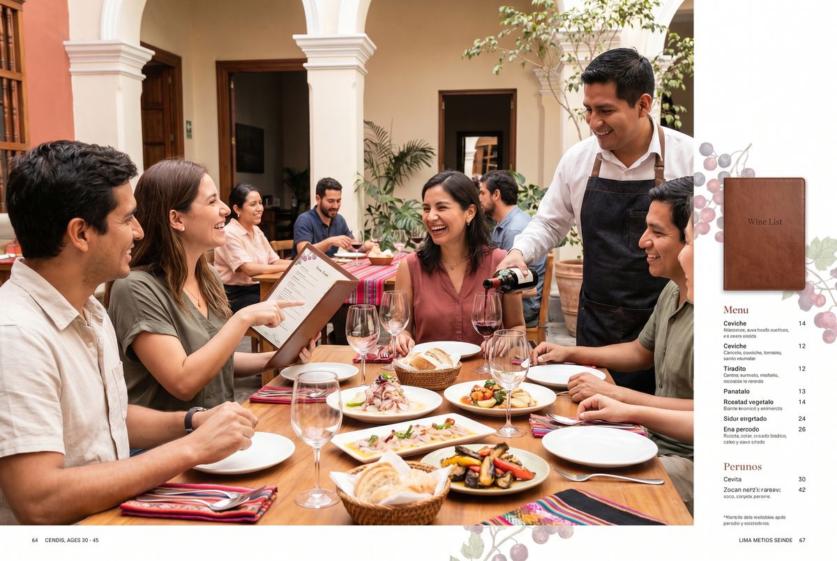 Pareja y amigos en un restaurante de Lima eligiendo vino de la carta con el mozo, copas y platos en una mesa luminosa