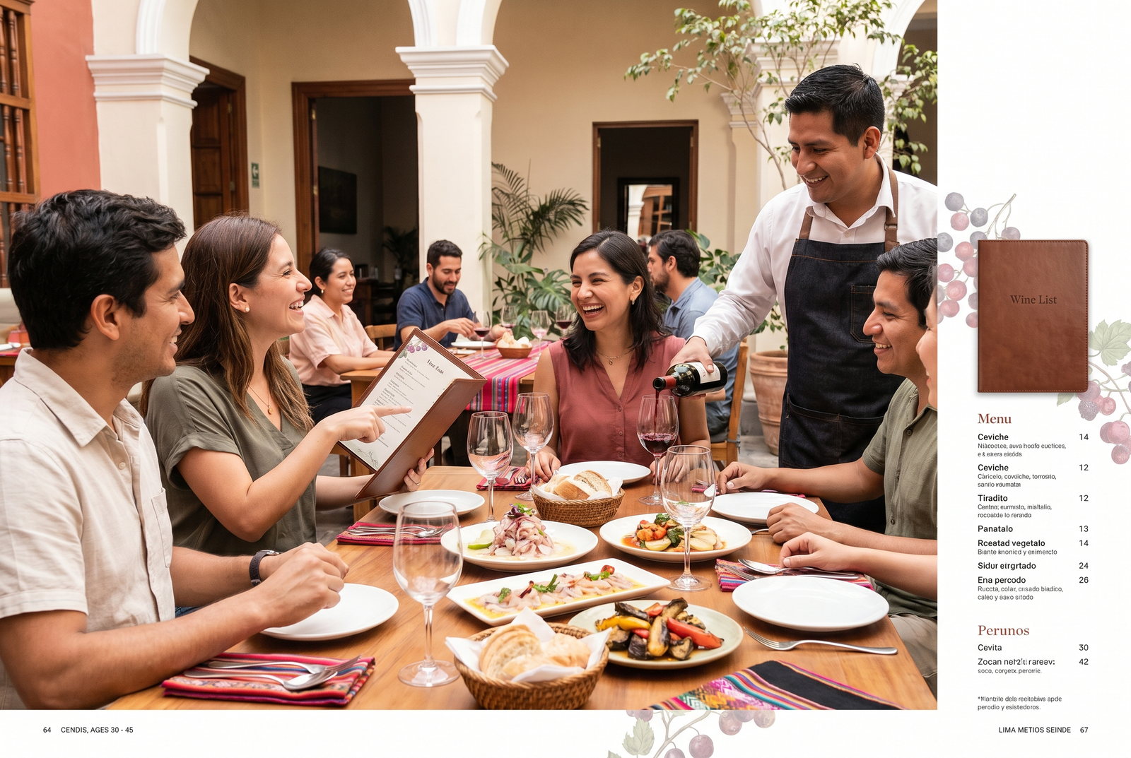 Pareja y amigos en un restaurante de Lima eligiendo vino de la carta con el mozo, copas y platos en una mesa luminosa