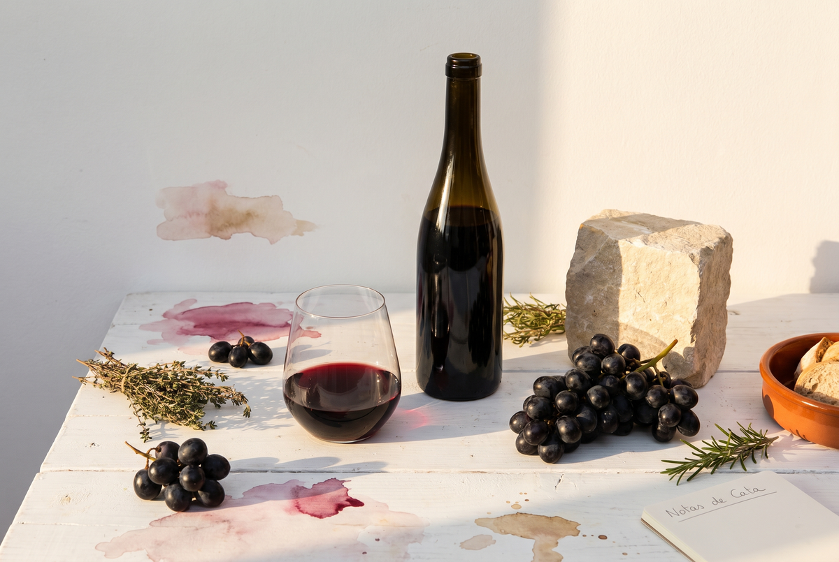 Botella y copa de vino Monastrell junto a uvas negras y hierbas mediterráneas bajo luz cálida