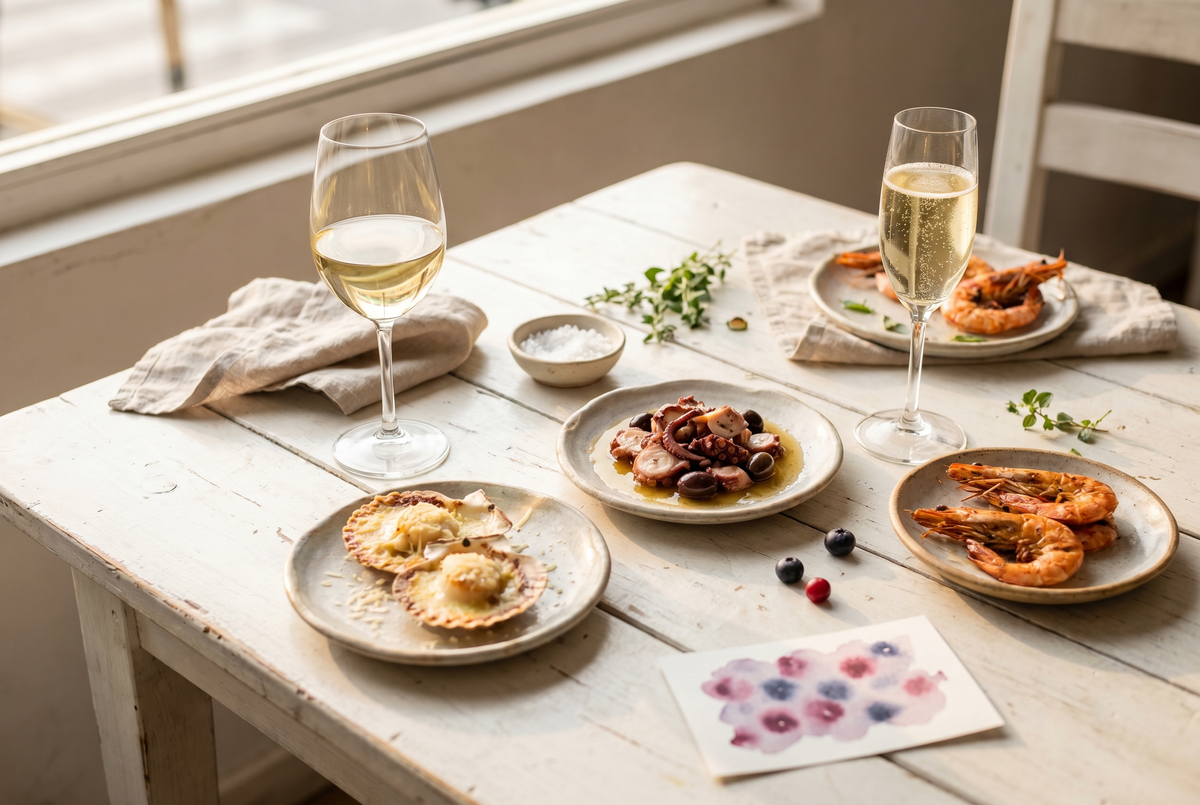 Mesa luminosa con conchas a la parmesana, pulpo al olivo, langostinos y copas de vino blanco y Cava