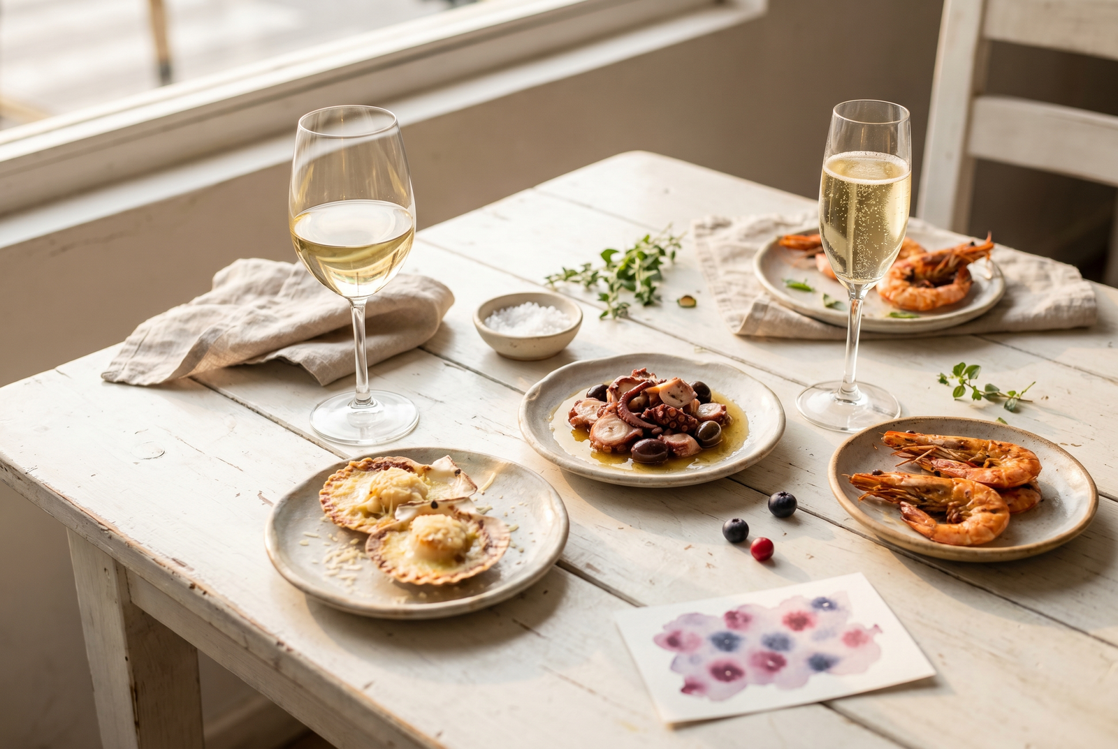 Mesa luminosa con conchas a la parmesana, pulpo al olivo, langostinos y copas de vino blanco y Cava
