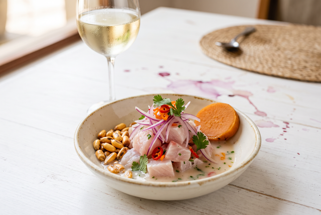 Ceviche peruano de pescado con cebolla roja, camote, choclo y cancha