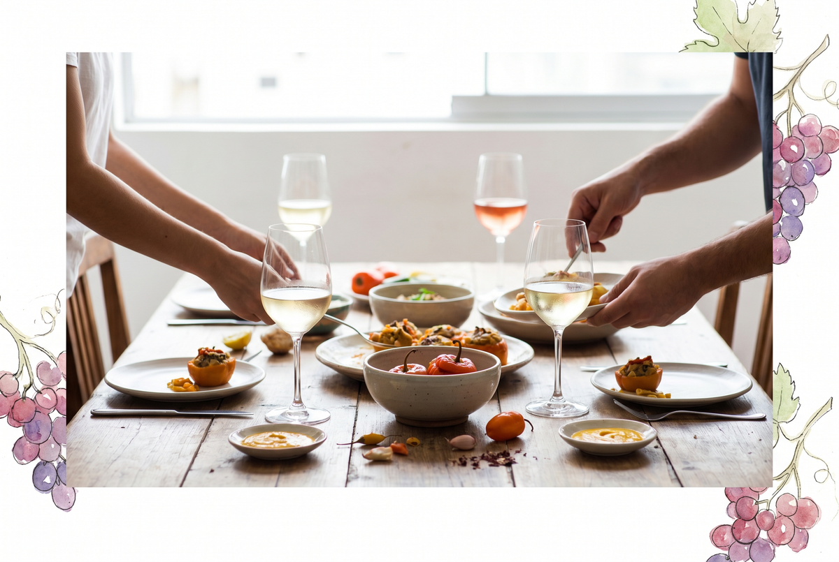 Copas de Riesling y rosado junto a rocoto relleno y salsas de ají en una mesa luminosa