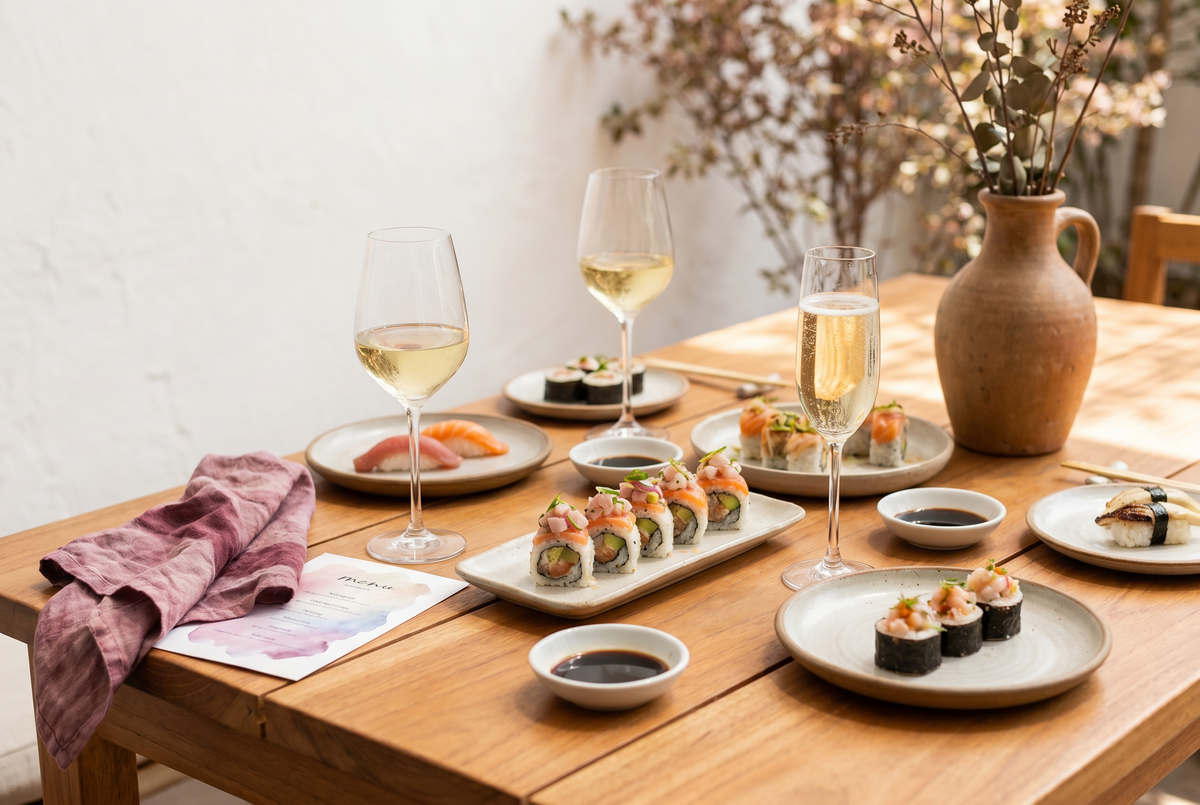 Mesa limeña con makis nikkei, copas de vino blanco y Cava en luz cálida