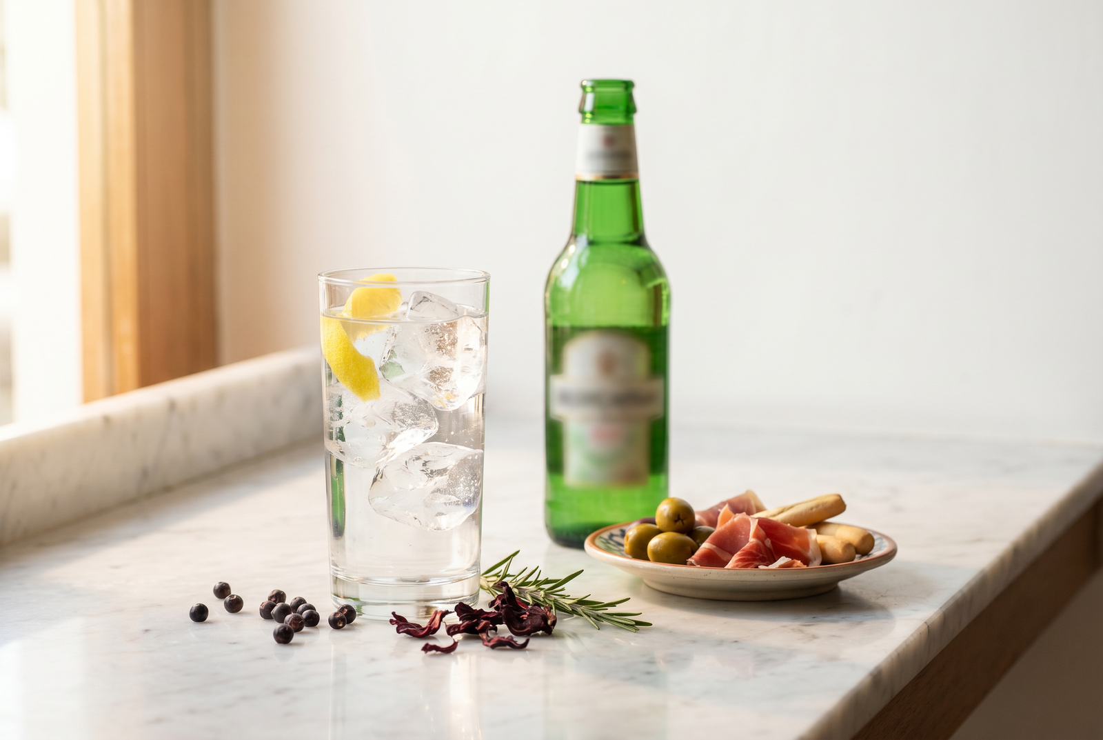 Gin tonic servido con hielo grande y piel de limón en una barra luminosa de Lima