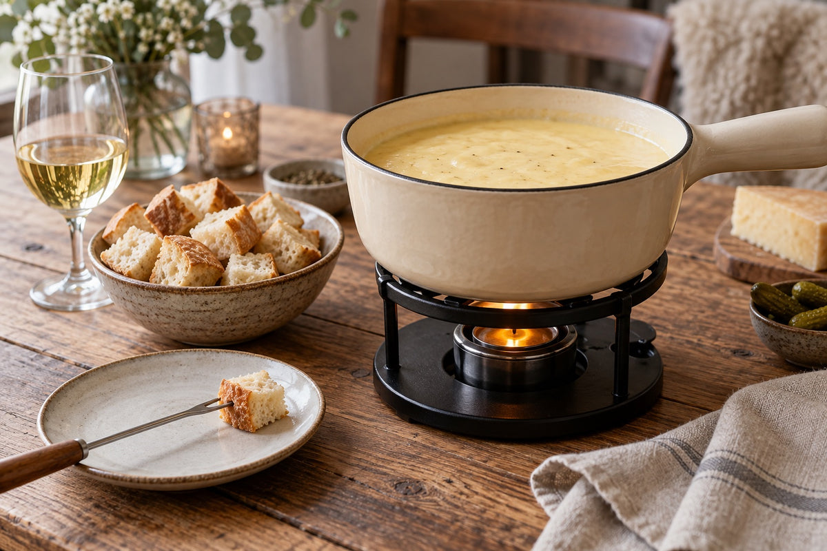 Olla de fondue de queso sobre un soporte, con cubos de pan y una copa de vino blanco.