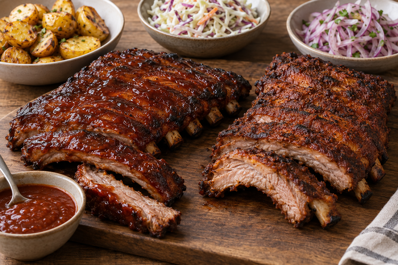 Costillas de cerdo a la parrilla: BBQ o ají panca — imagen ilustrativa generada con IA