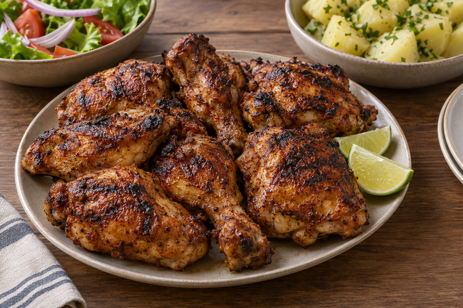 Pollo a la parrilla con ají panca y piel bien dorada — imagen ilustrativa generada con IA