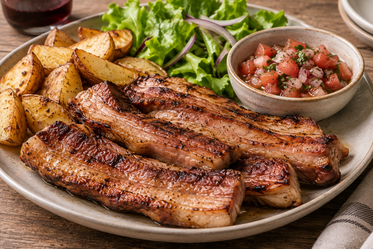 Panceta a la parrilla: controlar la grasa y conseguir buen dorado — imagen ilustrativa generada con IA