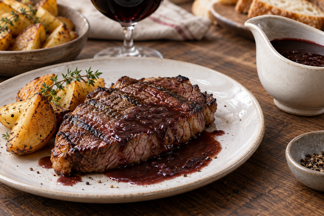Salsa de vino tinto para carne a la parrilla — imagen ilustrativa generada con IA