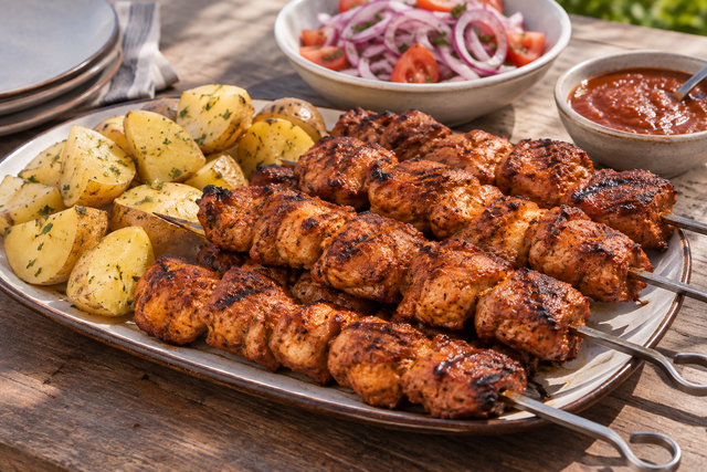 Anticuchos de pollo con ají panca para una parrillada casera — imagen ilustrativa generada con IA