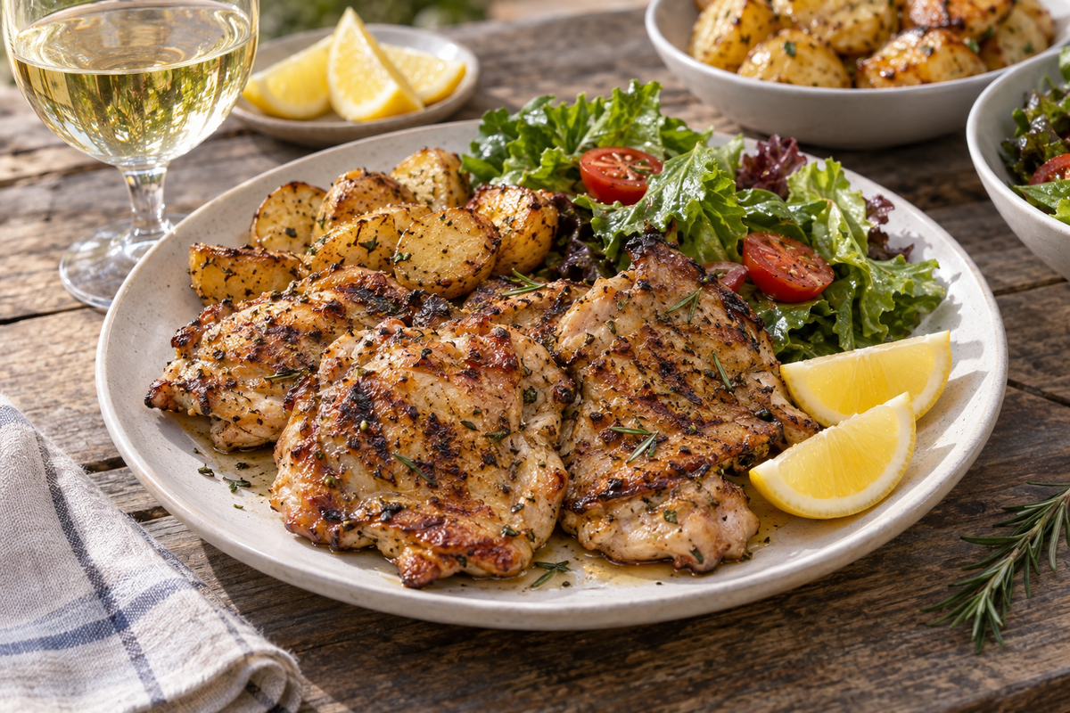 Pollo al limón y romero con vino blanco — imagen ilustrativa generada con IA