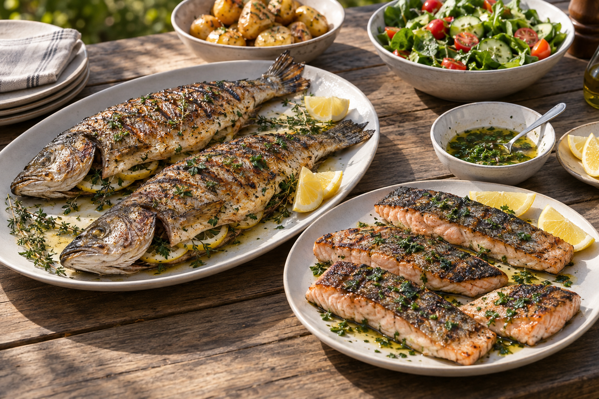 Pescado a la parrilla: entero o en filetes — imagen ilustrativa generada con IA