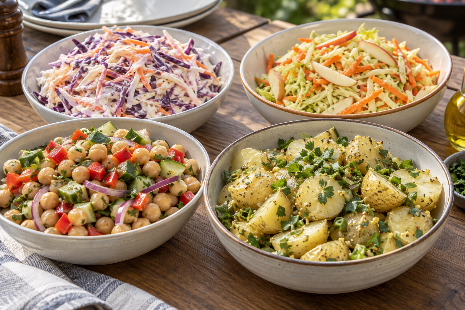 Ensaladas para parrillada: repollo, garbanzos y papas — imagen ilustrativa generada con IA