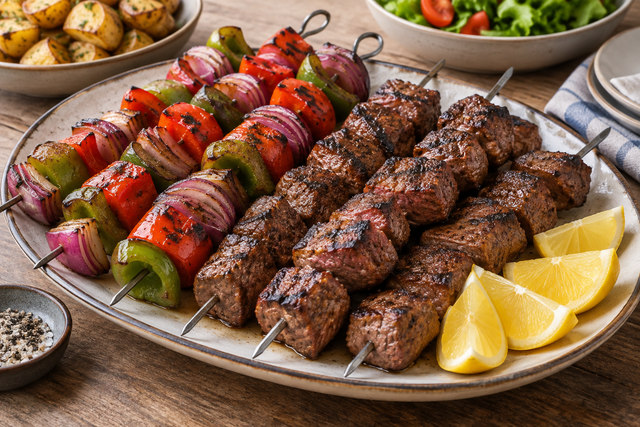 Brochetas de res con verduras a la parrilla — imagen ilustrativa generada con IA