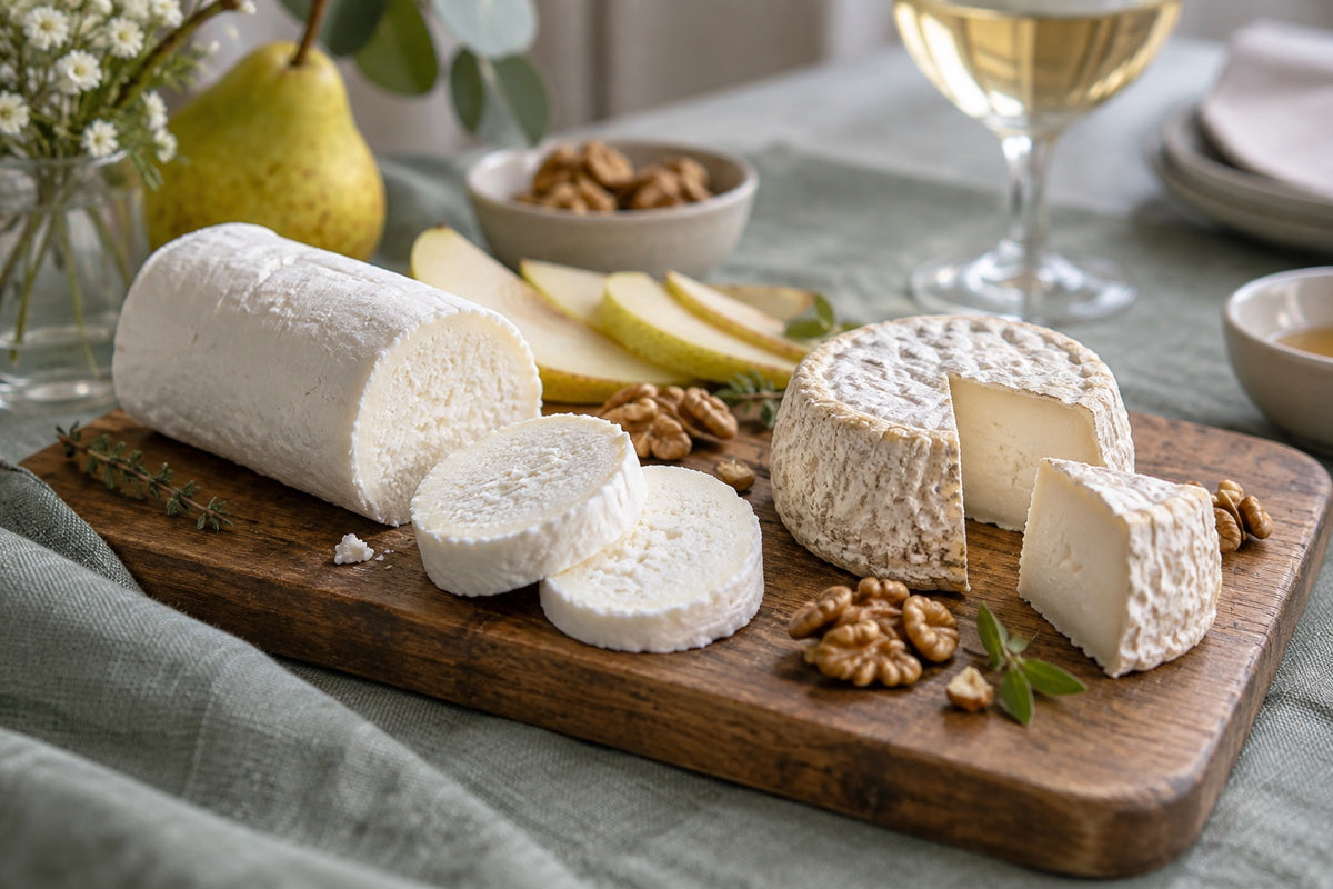 Quesos de cabra fresco y madurado con pera, nueces y vino blanco.