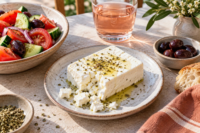 Queso feta con aceite de oliva y orégano, junto a una ensalada y vino rosado.